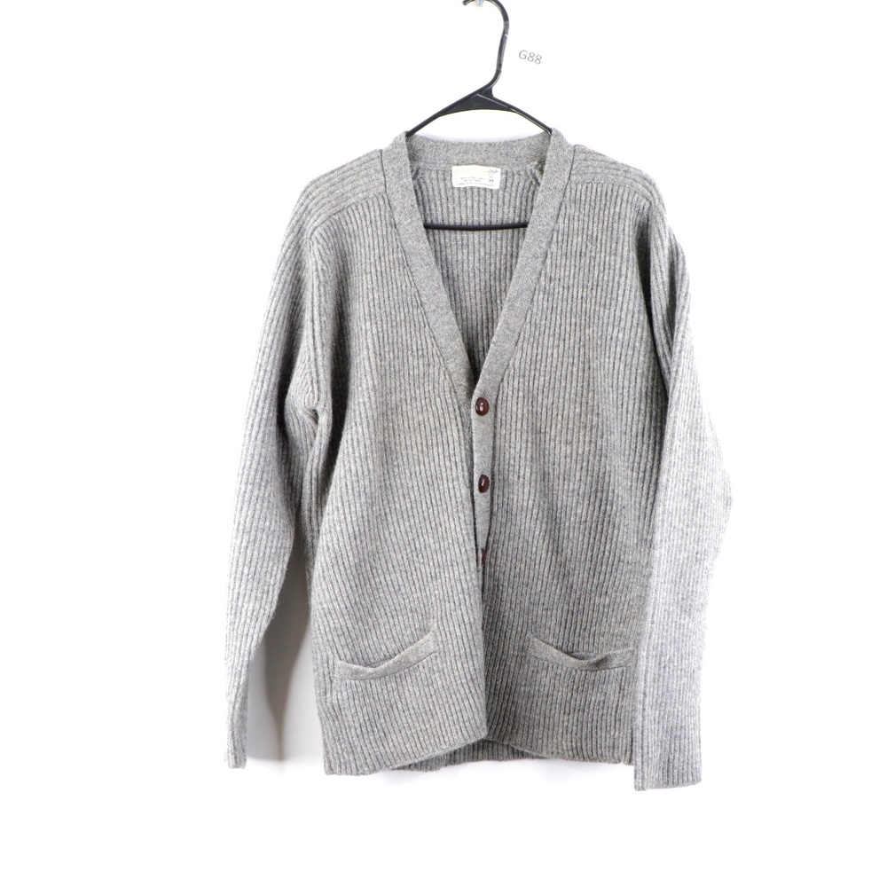 Vintage 70s Hand Knit Cardigan Sweater Gray Wool